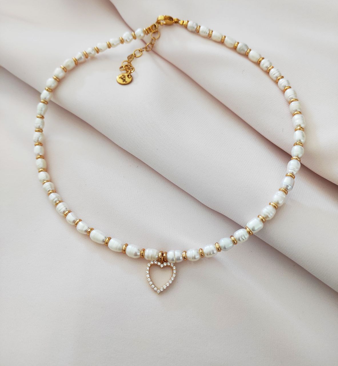 Collana perle con cuore zirconi