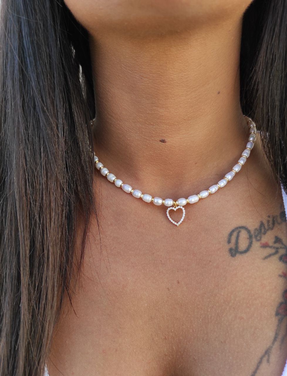 Collana perle con cuore zirconi